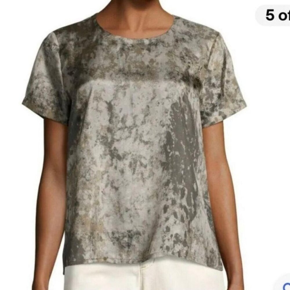 Eileen Fisher Mocha Brown Tidewater Printed 100% Silk Top Size M Career Wear